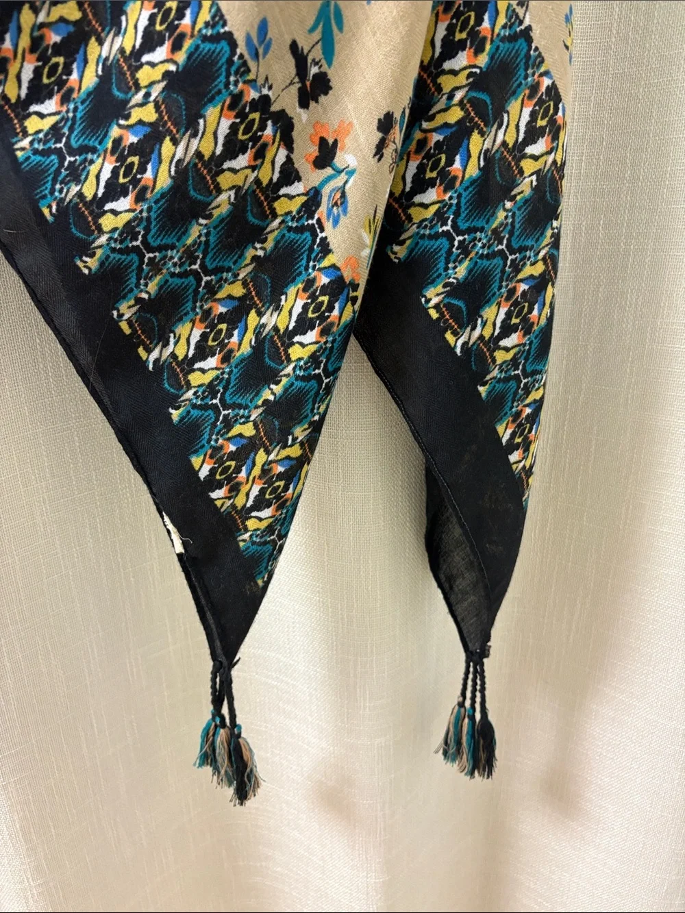 Tassel Scarf - Beige and Teal Floral